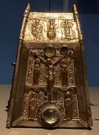 Bell Shrine of Conall Cael. The bell is 6th century. Although the shrine was initiated in the 12th century it underwent a major reworking in the 15th century. British Museum.