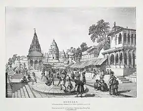 A lithograph by James Prinsep (1832) of a Brahmin placing a garland on the holiest location in the city