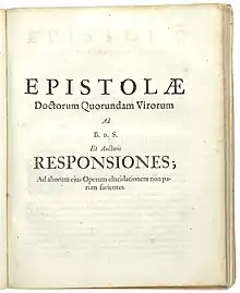 Title page of B.d.S.: Epistolae doctorum quorumdam virorum, 1677, in Latin and Dutch. Translated title: Letters of learned men with answers. Published posthumously.