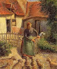 Camille Pissarro, Shepherdess with Returning Sheep, 1886, Fred Jones Jr. Museum of Art.  One of Pissarro's first Pointillist paintings.