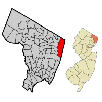 Location of Alpine in Bergen County highlighted in red (left). Inset map: Location of Bergen County in New Jersey highlighted in orange (right).