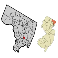 Location of Bogota in Bergen County highlighted in red (left). Inset map: Location of Bergen County in New Jersey highlighted in orange (right).