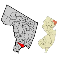 Location of Carlstadt in Bergen County highlighted in red (left). Inset map: Location of Bergen County in New Jersey highlighted in orange (right).