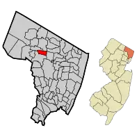 Location of Ho-Ho-Kus in Bergen County highlighted in red (left). Inset map: Location of Bergen County in New Jersey highlighted in orange (right).