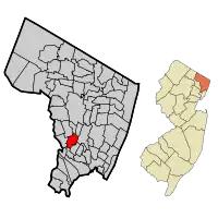 Location of Lodi in Bergen County highlighted in red (left). Inset map: Location of Bergen County in New Jersey highlighted in orange (right).