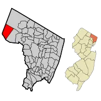 Location of Oakland in Bergen County highlighted in red (left). Inset map: Location of Bergen County in New Jersey highlighted in orange (right).