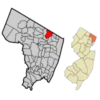 Location of Old Tappan in Bergen County highlighted in red (left). Inset map: Location of Bergen County in New Jersey highlighted in orange (right).