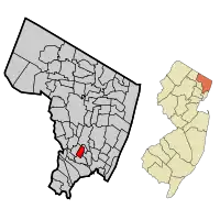 Location of Teterboro in Bergen County highlighted in red (left). Inset map: Location of Bergen County in New Jersey highlighted in orange (right).