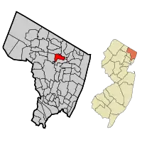 Location of Westwood in Bergen County highlighted in red (left). Inset map: Location of Bergen County in New Jersey highlighted in orange (right).