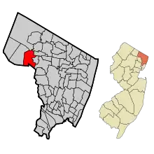 Location of Wyckoff in Bergen County highlighted in red (left). Inset map: Location of Bergen County in New Jersey highlighted in orange (right).