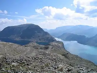 Besseggen seen towards east, with Bessvatnet on the left and Gjende on the right.