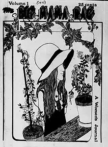 The front cover of the first issue of Big Mama Rag, featuring a lineart image of a woman in a sunhat between two potted plants.