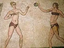 Mosaic of girls in bikini playing with a ball.