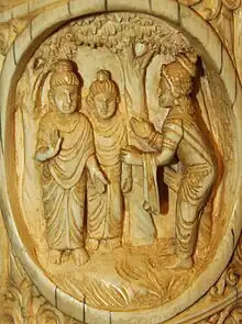 Magadh King welcoming Buddha: Buddha found patronage in emperor Bimbisāra. The emperor accepted Buddhism as his personal faith and allowed the establishment of many Buddhist vihāras. This eventually led to the renaming of the entire region as Bihār.