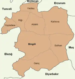 Map showing Solhan District in Bingöl Province