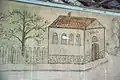 Paintings created by child prisoners on the wall of the prison building in Auschwitz II Birkenau. Image depicts a school.