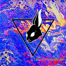 Blac Rabbit's logo, a monochrome stylization of a rabbit head within a triangle, on top of a marbled blue, orange, red and white design with the words "Blac Rabbit EP" in the lower-right corner