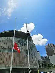 The "Black Bauhinia" flag hung by the protesters, flying at LegCo Building