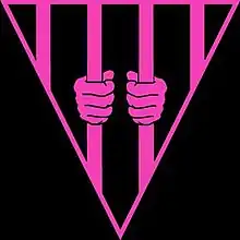 Logo of Black and Pink. Black background with a pink triangle crossed by prison bars, with two hands holding the bars.