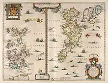 An old map of two island groups with the Orcades at left and Schetlandia at right. A coat of arms at top left shows a red lion rampant on a yellow shield flanked by two white unicorns. A second heraldic device is shown at bottom right below the Oceanus Germanicus. This has two mermaids surrounding a tabula containing very small writing, topped by a yellow and blue shield.