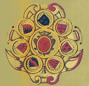 Coats of arms of the Seven Noble Houses on a manuscript from the 18th century.