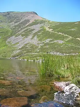 A clear lake in the foreground with a steep mountain ridge beyond