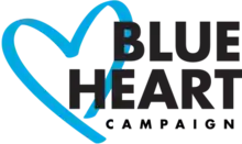 A blue heart shape, with the caption "blue heart campaign", then in a different font, "against Human Trafficking".