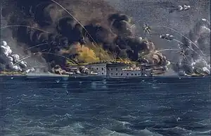 Artwork Despite him stone fort at center surrounded by water. The fort is on fire and shells explode in the air above it.