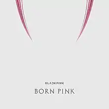 Cover artwork of Born Pink – a pair of pink fangs are displayed on top against a white background. Below are text reading "BLɅϽKPIИK" and "BORN PINK".