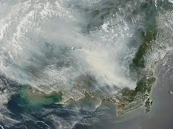 Satellite photograph of the haze above Borneo on October 5, 2006