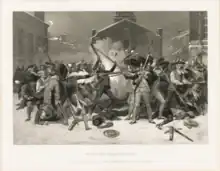 Depiction of chaotic confrontation between British soldiers and Bostonians