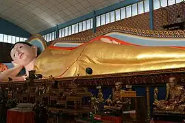 Reclining Buddha statue inside the temple which is considered one of the world's longest.