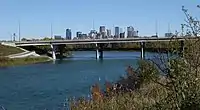 Crowchild Trail crossing the river in Calgary, downtown in background