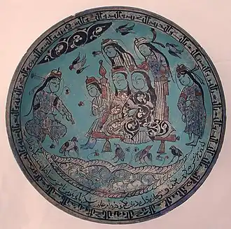 Polychrome bowl with a Majlis scene by a pond, signed by Abu Zayd al-Kashani. Dated 1187.