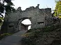 The lower gatehouse (16th century) undergoing preservation works (July 2015)