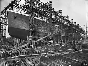 Britannic in the Arrol Gantry at Harland and Wolff, ready for launching, February 1914