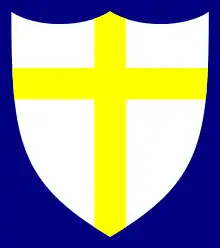 A yellow cross on a white shield