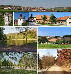 • Above: View of Jehnice from the south
• Left 1 (left): Monument to the victims of wars
• Left 1 (right): Belfry on Nám. 3. května
• Left 2: Pond U Lesa
• Left 3: Jehnice cemetery
• Right 1: Blanenská Street
• Right 2: Family suburban development
• Right 3: The former Brno–Tišnov line