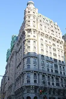 The facade of the Ansonia as seen from the corner of Broadway and 73rd Street