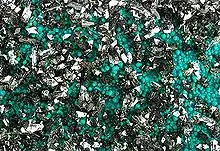 Brochantite on  Chrysocolla.  Locality: Rokana Mine, Kitwe, Copperbelt Province, Zambia . Detail of larger specimen, field of view about 3 x 5 cm.