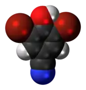 Space-filling model of the bromoxynil molecule