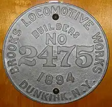 Brooks Locomotive Works builder's plate