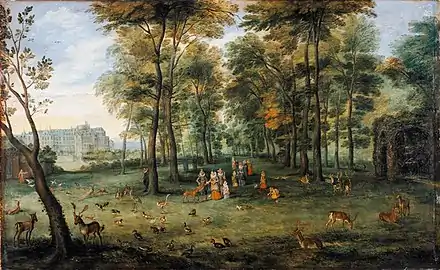 The archdukes Albert and Isabella walking in the park of their Brussels palace, Jan Bruegel the Elder, c. 1609–1621