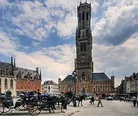 Market square and Belfry of Bruges, Belgium