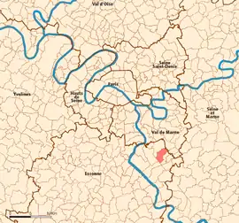 Location (in red) within Paris inner and outer suburbs