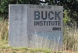 Entry sign for the Buck Institute, on Redwood Blvd.