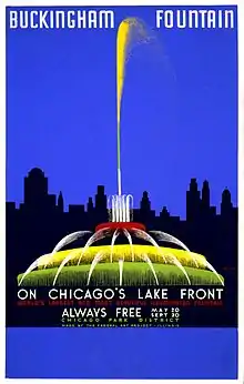 WPA poster "Buckingham Fountain on Chicago's lake front, world's largest and most beautiful illuminated fountain"