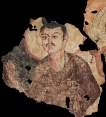 Fragment of a wall painting depicting Buddha from a stupa in Miran along the Silk Road (200–400 AD)