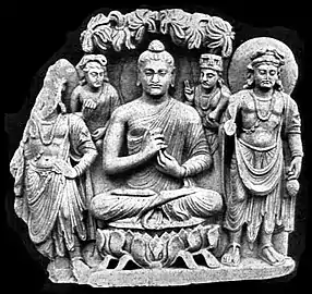 Seated Buddha triad from Sahr-i-Bahlol. Peshawar Museum.