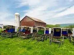 White-topped buggies parked on a hill on a Sunday morning